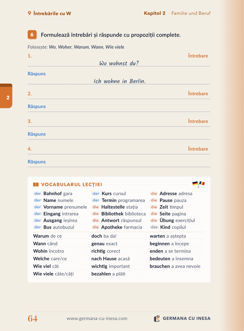 Pagină din carte: Exerciții și vocabularul lecției